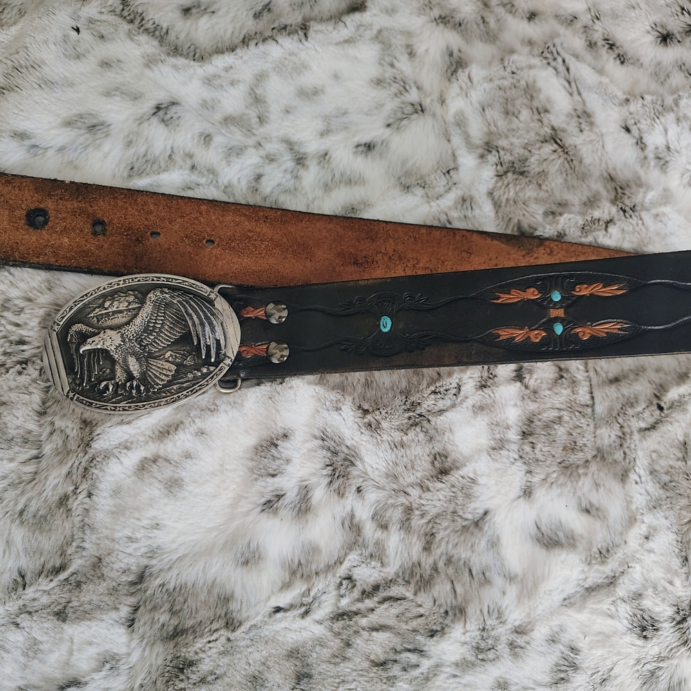 2007 KARR Eagle Buckle With Embroidered Leather Belt With Turquoise Accent 38-40